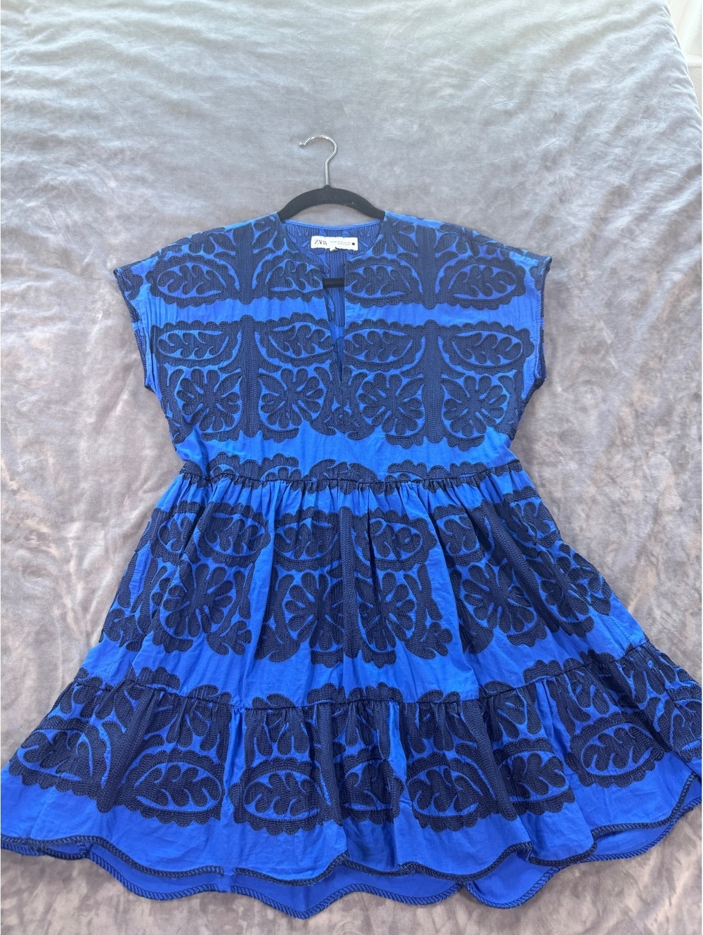 Zara Blue Black Embroidered Cotton Ruffle Hem Mini Peasant Dress XS - Picture 6 of 8